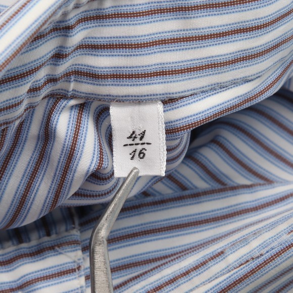 Cesare Attolini Shirt Mens 16 34 Blue Brown Stripe Button Front Dress Shirt - Picture 5 of 12